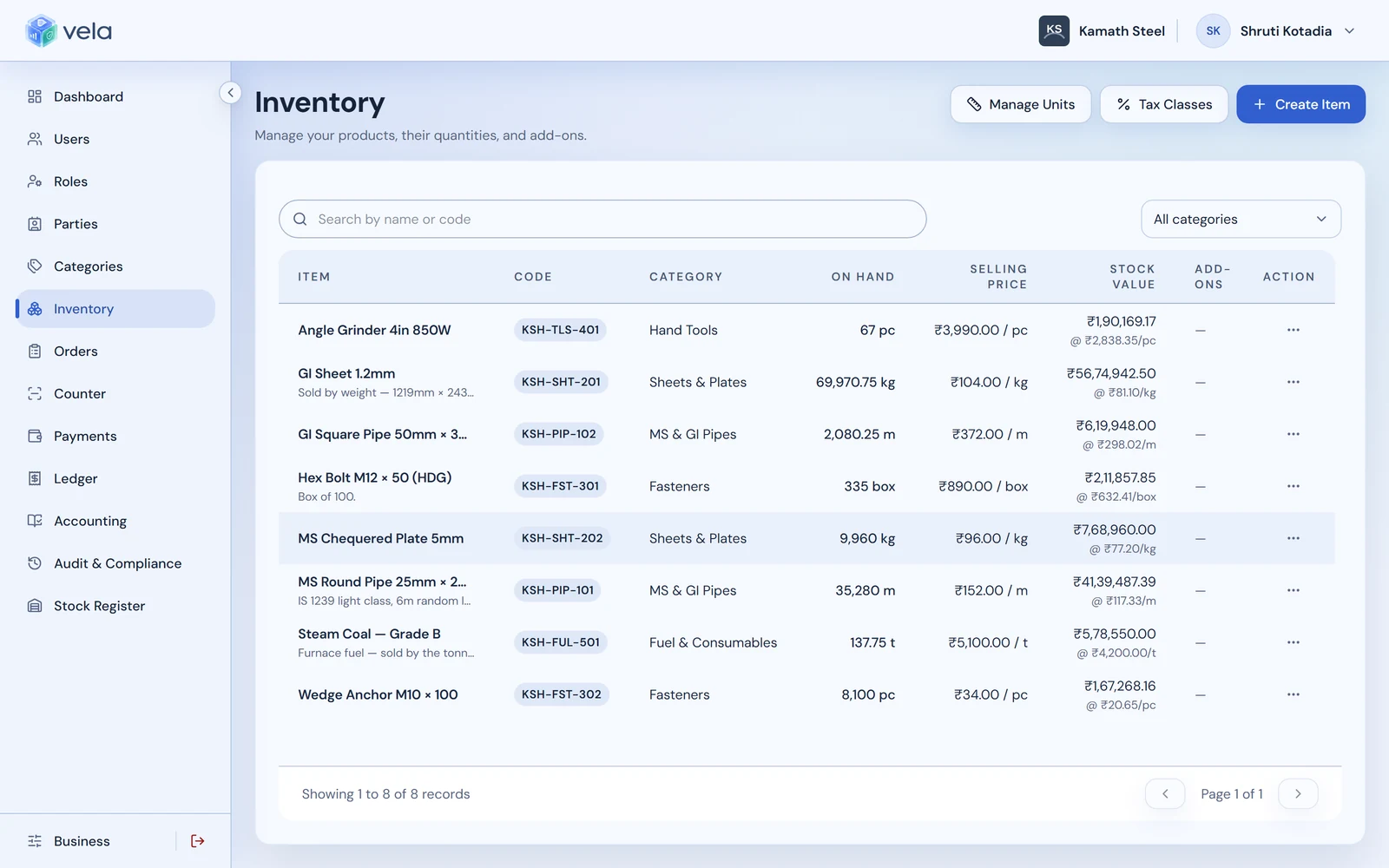 The Inventory list with items, codes, quantities on hand, prices and stock value